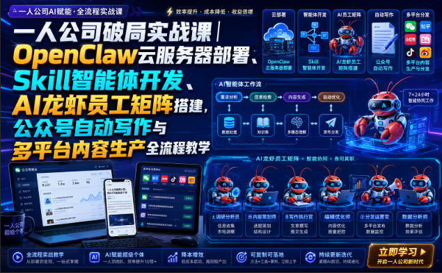一人公司破局实战课|OpenClaw云服务器部署、Skill智能体开发、AI龙虾员工矩阵搭建,公众号自动写作与多平台内容生产全流程教学-皮皮网创