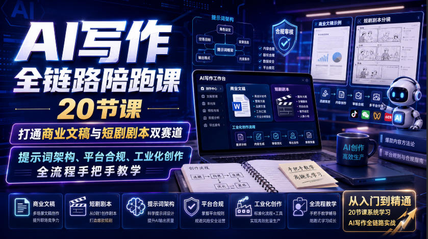 AI写作全链路陪跑课｜20节课打通商业文稿与短剧剧本双赛道，提示词架构、平台合规、工业化创作全流程手把手教学-皮皮网创