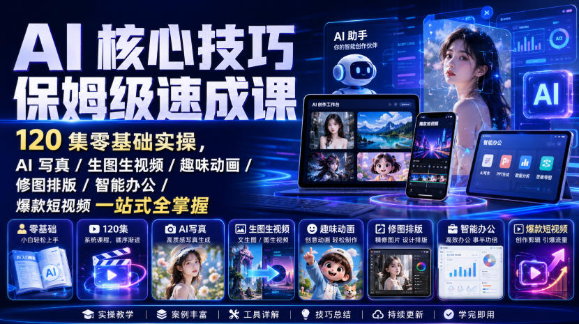 AI核心技巧保姆级速成课|120集零基础实操,AI写真/生图生视频/趣味动画/修图排版/智能办公/爆款短视频一站式全掌握-皮皮网创