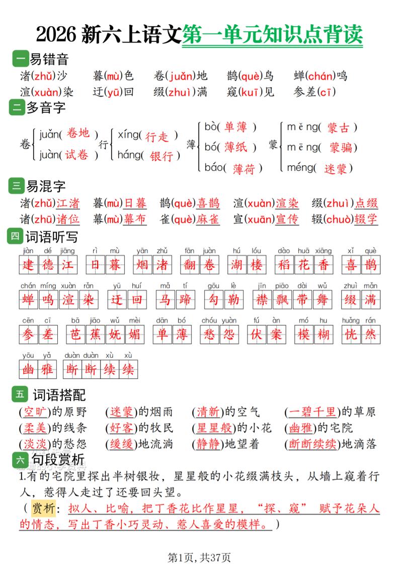 2026新六上语文1-8单元知识点背读37页-皮皮网创