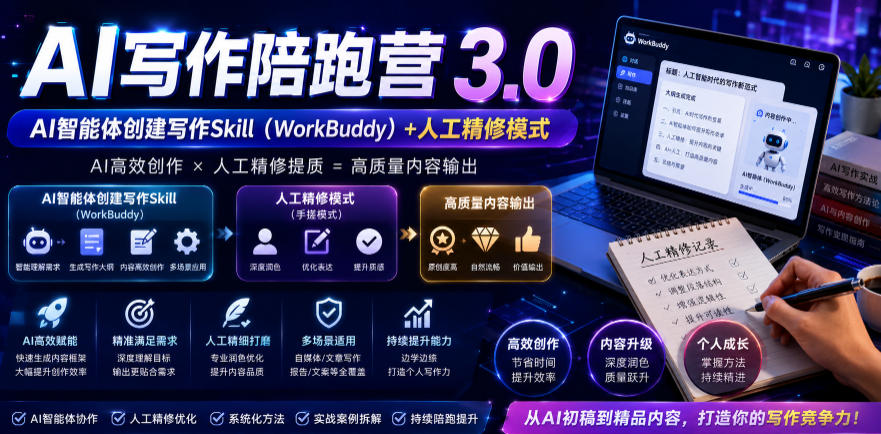 AI写作陪跑营3.0，Ai智能体创建写作skill(workbuddy)+人工手写模式(手搓模式)，去除AI痕迹(头条号、公众号、百家号)(更新0814)-皮皮网创