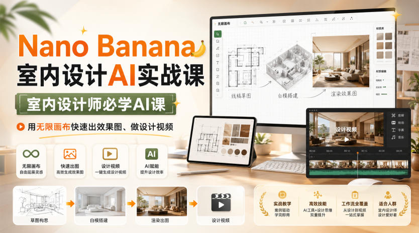 Nano Banana室内设计AI实战课,室内设计师必学AI课,用无限画布快速出效果图、做设计视频-皮皮网创