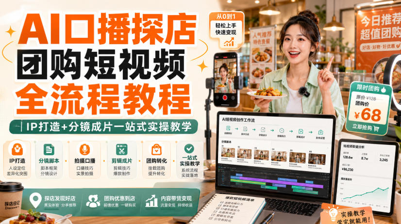 AI口播探店团购短视频全流程教程｜IP打造+分镜成片一站式实操教学-皮皮网创