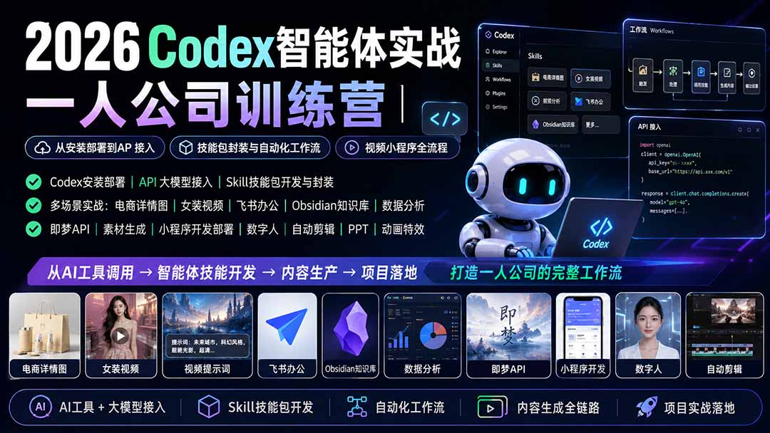 2026Codex智能体实战｜一人公司训练营｜从安装部署到API接入｜技能包封装与自动化工作流｜视频小程序全流程-皮皮网创