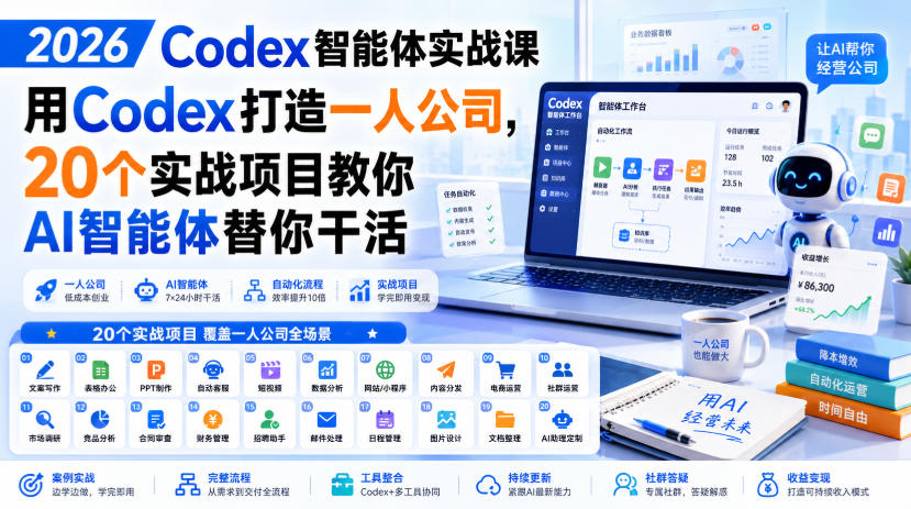 2026 Codex智能体实战课,用Codex打造一人公司,20个实战项目教你AI智能体替你干活-皮皮网创