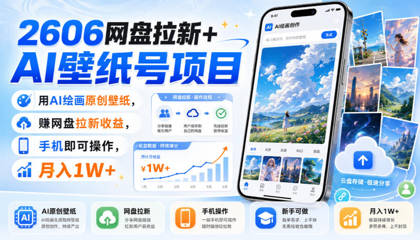 2606网盘拉新+AI壁纸号项目，用AI绘画原创壁纸，賺网盘拉新收益，手机即可操作，月入1W+-皮皮网创