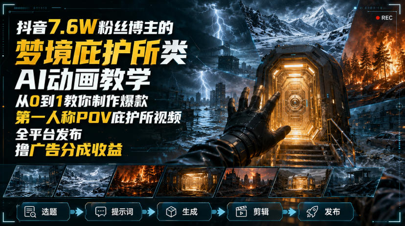 抖音7.6W粉丝博主的梦境庇护所类AI动画教学，从0到1教你制作爆款第一人称POV庇护所视频，全平台发布撸广告分成收益-皮皮网创