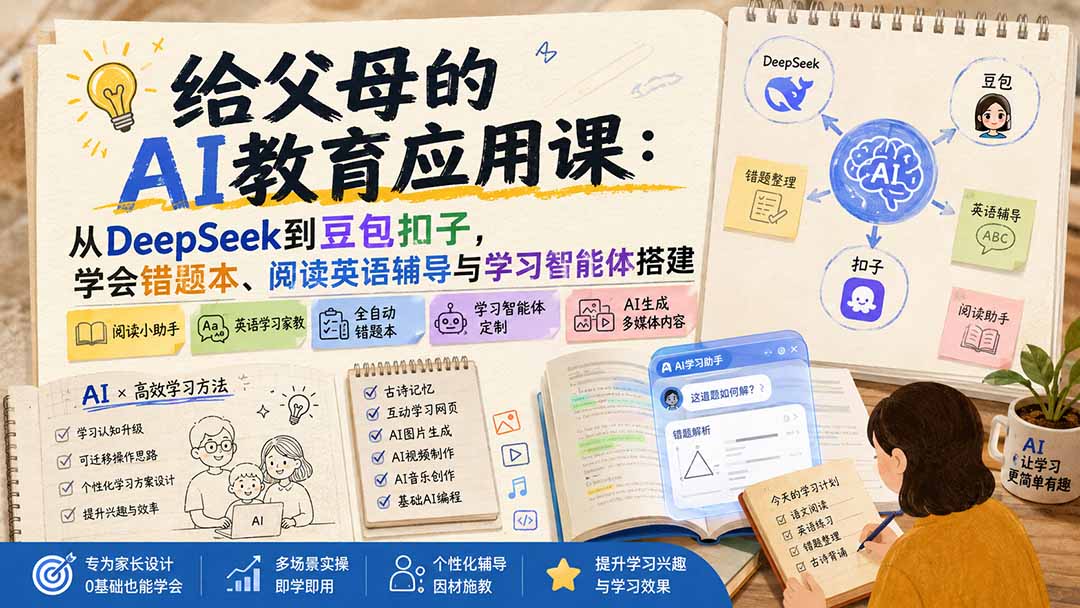 给父母的AI教育应用课:从DeepSeek到豆包扣子,学会错题本、阅读英语辅导与学习智能体搭建-皮皮网创