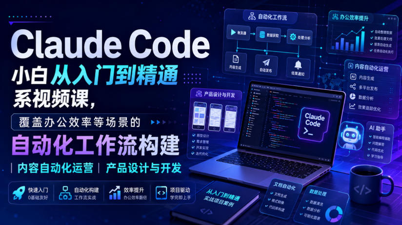 Claude Code小白从入门到精通系视频课，覆盖办公效率等场景的自动化工作流构建|内容自动化运营|产品设计与开发-皮皮网创