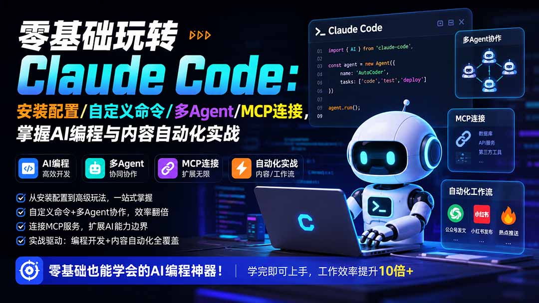零基础玩转Claude Code:安装配置/自定义命令/多Agent/MCP连接,掌握AI编程与内容自动化实战-皮皮网创