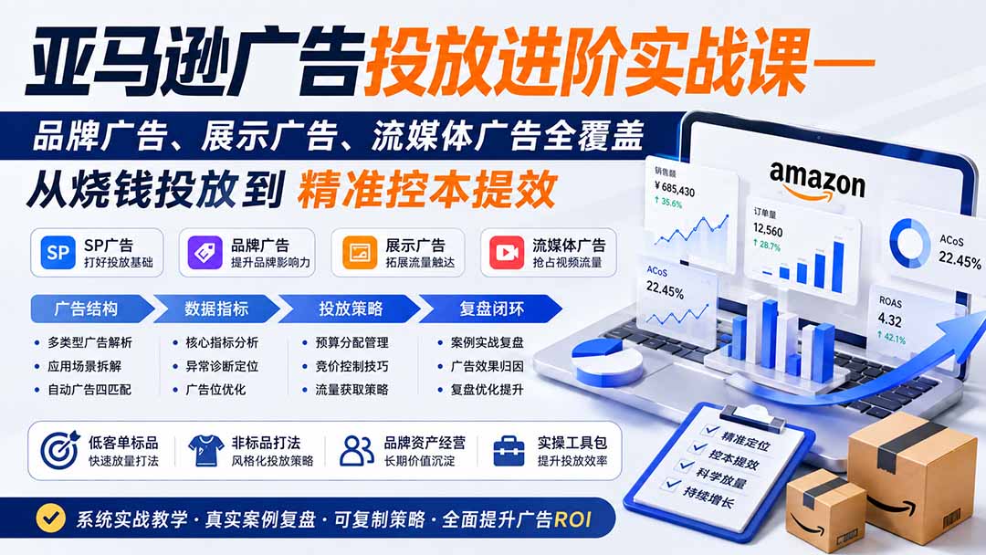 亚马逊广告投放进阶实战课——品牌广告、展示广告、流媒体广告全覆盖，从烧钱投放到精准控本提效-皮皮网创