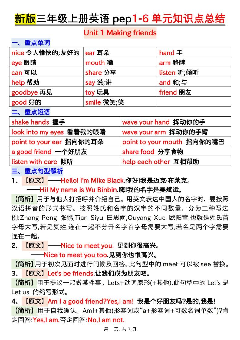 新版三上英语1-6单元知识点总结（人教PEP）7页-皮皮网创