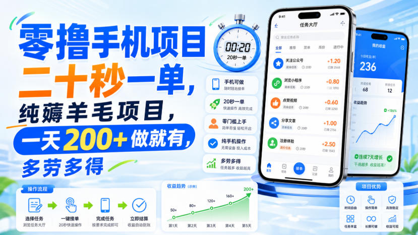零撸手机项目,二十秒一单,纯薅羊毛项目,一天200+做就有,多劳多得【揭秘】-皮皮网创