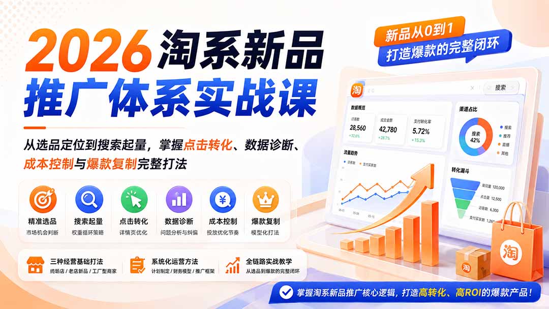 2026淘系新品推广体系实战课:从选品定位到搜索起量,掌握点击转化、数据诊断、成本控制与爆款复制完整打法-皮皮网创