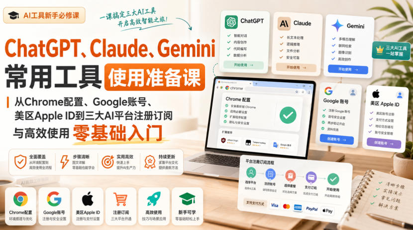 ChatGPT、Claude、Gemini常用工具使用准备课|从Chrome配置、Google账号、美区Apple ID到三大AI平台注册订阅与高效使用零基础入门-皮皮网创