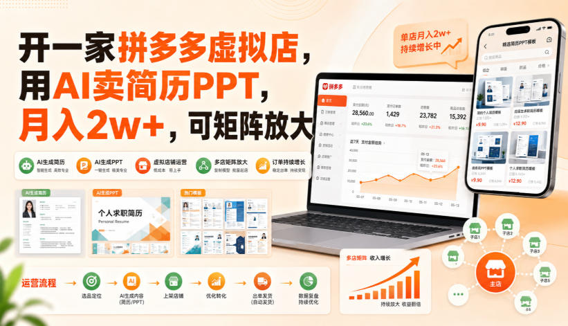 开一家拼多多虚拟店,用AI卖简历PPT,月入2w+,可矩阵放大【揭秘】-皮皮网创