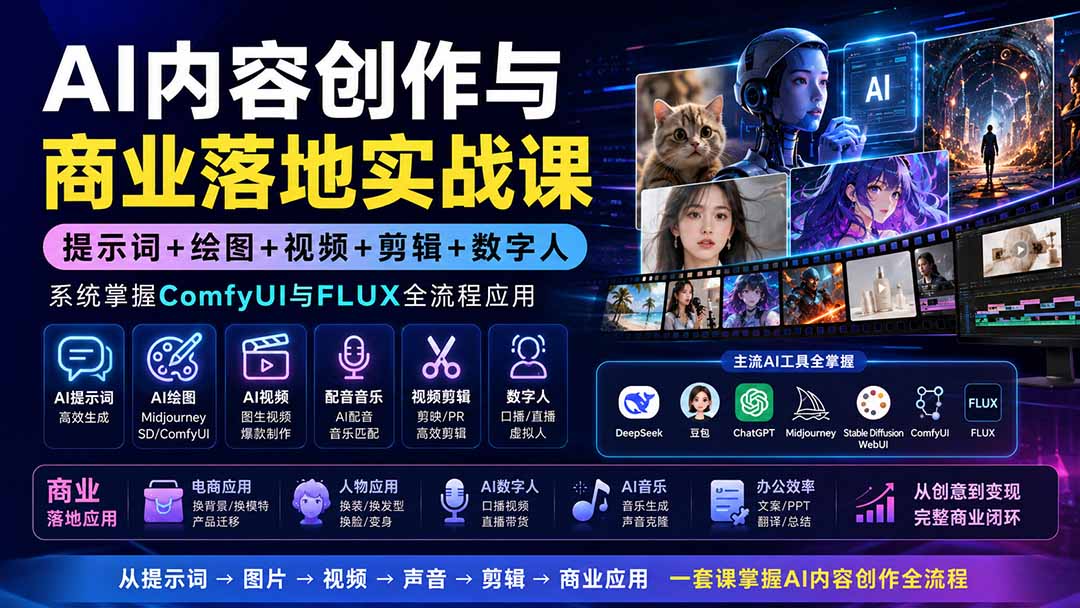 AI内容创作与商业落地实战课:提示词+绘图+视频+剪辑+数字人,系统掌握ComfyUI与FLUX全流程应用-皮皮网创
