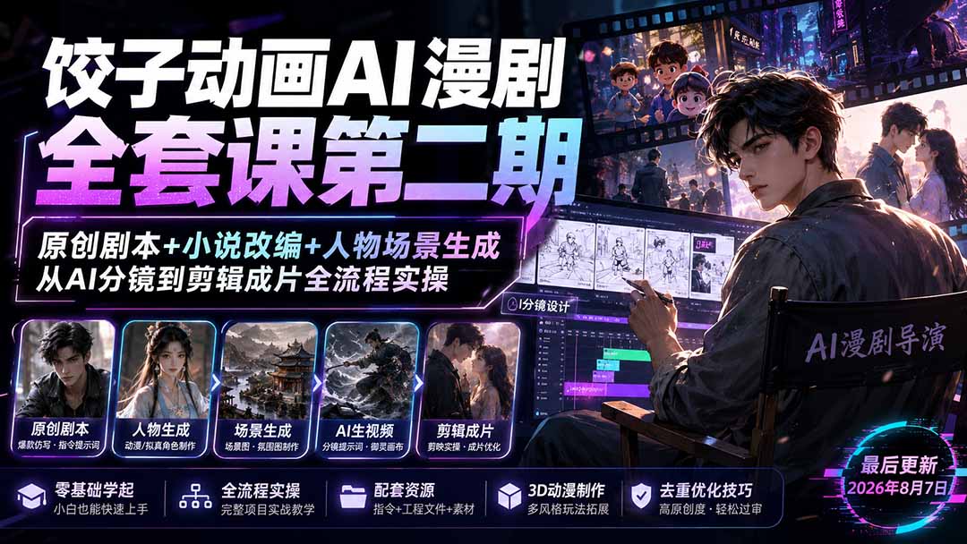 饺子动画AI漫剧全套课第二期:原创剧本+小说改编+人物场景生成,从AI分镜到剪辑成片全流程实操-皮皮网创
