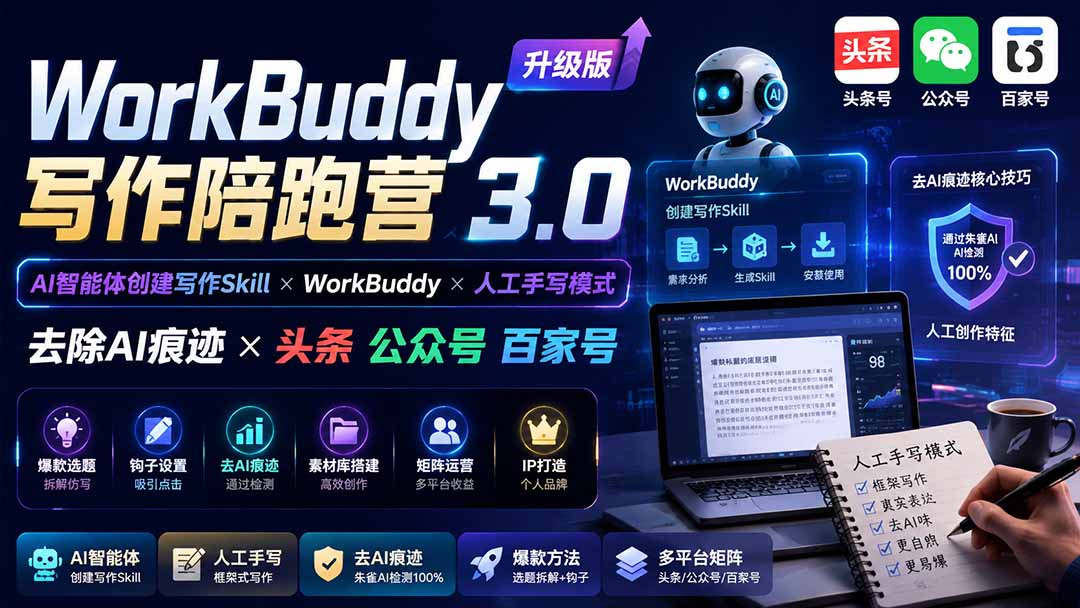 WorkBuddy写作陪跑营3.0-更新:Ai智能体创建写作Skill×WorkBuddy×人工手写模式×去除AI痕迹×头条公众号百家号-皮皮网创
