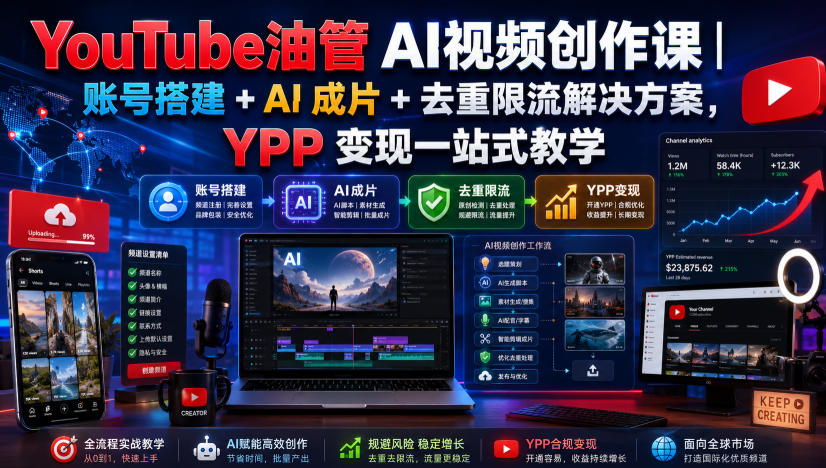 YouTube油管AI视频创作课|账号搭建+AI成片+去重限流解决方案,YPP变现一站式教学(更新0817)-皮皮网创