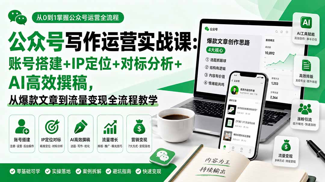 公众号写作运营实战课:账号搭建+IP定位+对标分析+AI高效撰稿,从爆款文章到流量变现全流程教学-皮皮网创