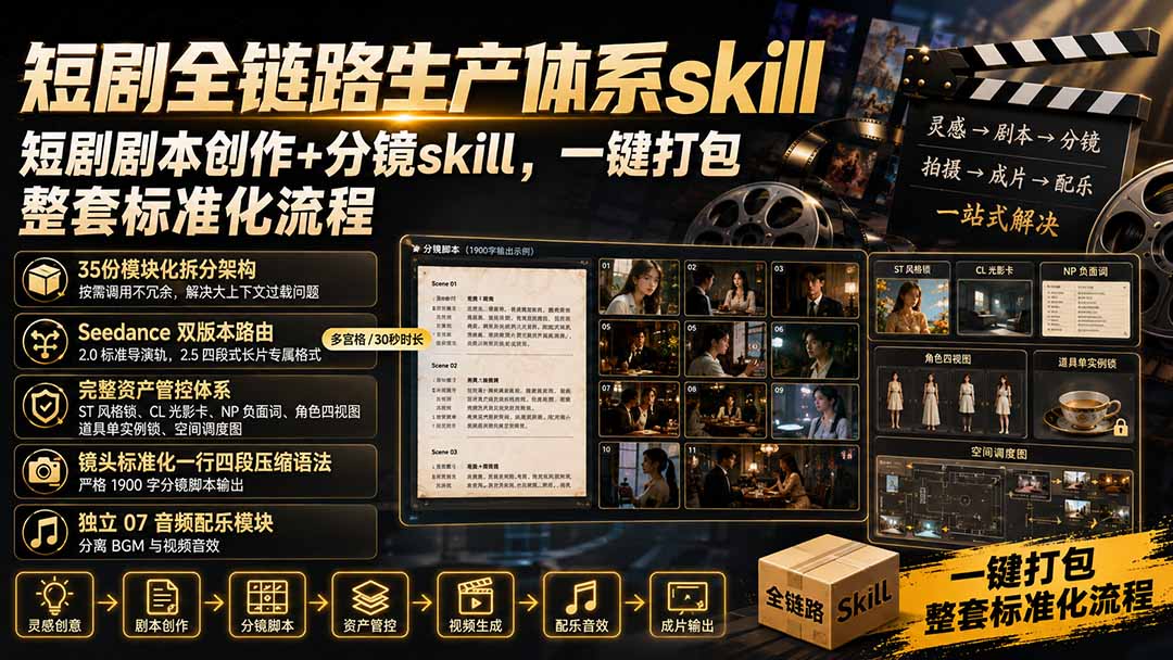 短剧全链路生产体系skill,短剧剧本创作+分镜skill,一键打包,整套标准化流程-皮皮网创