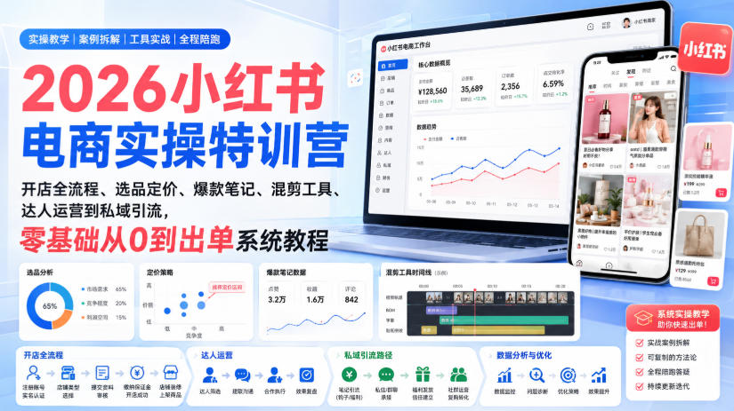 2026小红书电商实操特训营|开店全流程、选品定价、爆款笔记、混剪工具、达人运营到私域引流,零基础从0到出单系统教程-皮皮网创