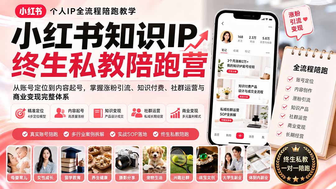 小红书知识IP终生私教陪跑营:从账号定位到内容起号,掌握涨粉引流、知识付费、社群运营与商业变现完整体系-皮皮网创