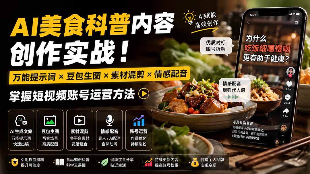 外面卖199元-AI美食科普内容创作实战!万能提示词×豆包生图×素材混剪×情感配音,掌握短视频账号运营方法-皮皮网创
