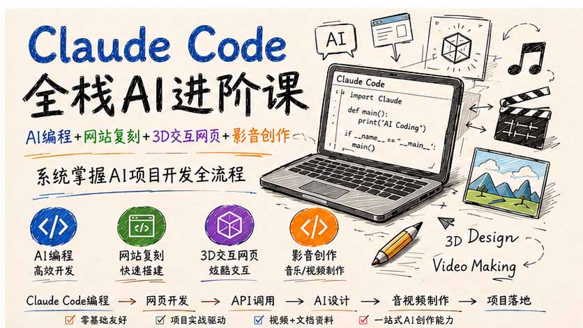 Claude Code全栈AI进阶课；AI编程+网站复刻+3D交互网页+影音创作，系统掌握AI项目开发全流程-皮皮网创