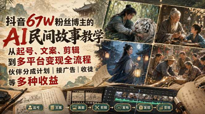 抖音67W粉丝博主的AI民间故事教学,从起号、文案、剪辑到多平台变现全流程,伙伴分成计划接广告等多种收益,月入1W+-皮皮网创