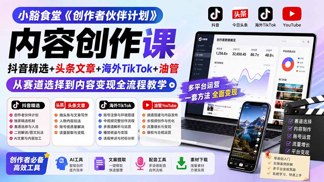 小豁食堂《创作者伙伴计划》内容创作课:抖音精选+头条文章+海外TikTok+油管,从赛道选择到内容变现全流程教学-皮皮网创