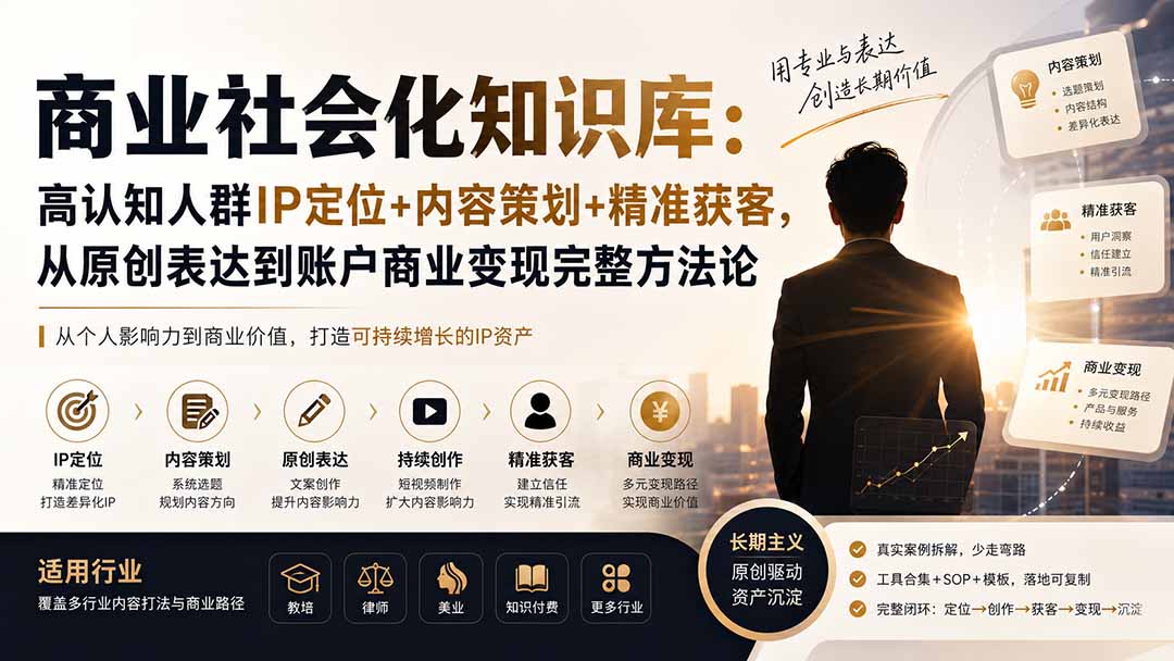 商业社会化知识库:高认知人群IP定位+内容策划+精准获客,从原创表达到账户商业变现完整方法论-皮皮网创