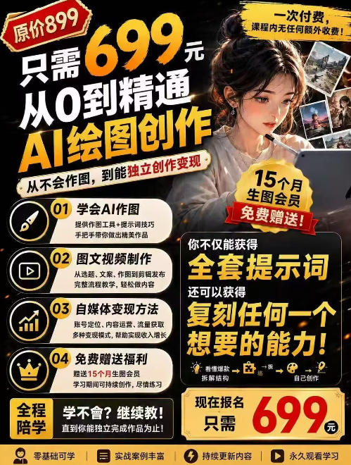 抖音10W粉丝博主的AI绘图教学,从0到精通AI绘图创作,从不会作图到能独立创作变现-皮皮网创