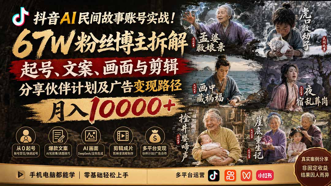 抖音AI民间故事账号实战!67W粉丝博主拆解起号、文案、画面与剪辑,分享伙伴计划及广告变现路径,月入10000+-皮皮网创