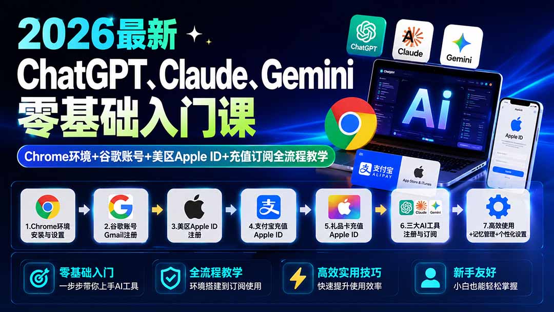 2026最新ChatGPT、Claude、Gemini零基础入门课:Chrome环境+谷歌账号+美区Apple ID+充值订阅全流程教学-皮皮网创