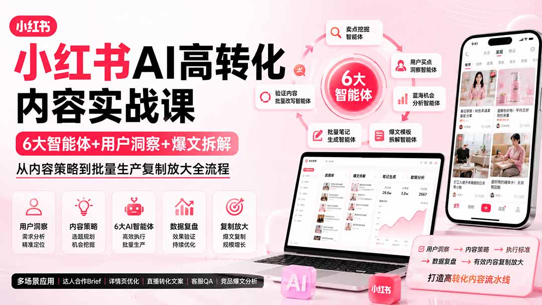 小红书AI高转化内容实战课：6大智能体+用户洞察+爆文拆解，从内容策略到批量生产复制放大全流程-皮皮网创