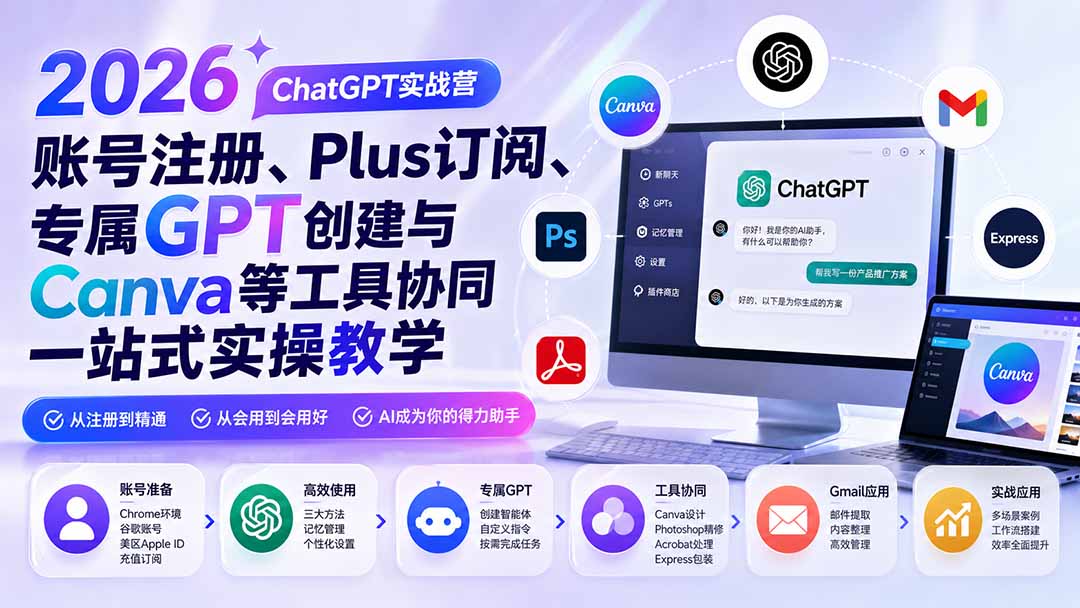2026 ChatGPT实战营；账号注册、Plus订阅、专属GPT创建与Canva等工具协同一站式实操教学-皮皮网创