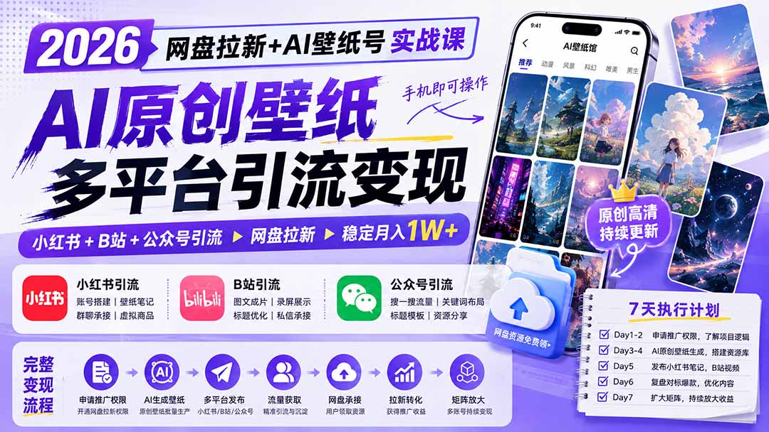 2026网盘拉新+AI壁纸号实战课：AI原创壁纸+小红书+B站+公众号引流，手机即可操作，月入1W+-皮皮网创