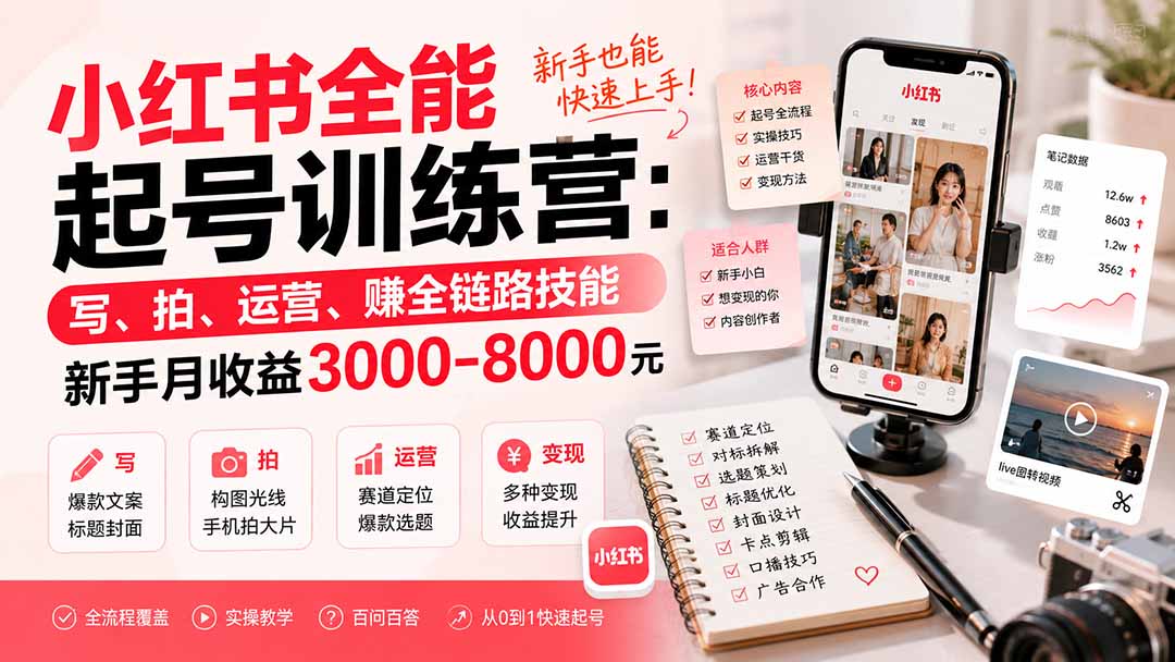 小红书全能起号训练营-更新:写、拍、运营、赚全链路技能,新手月收益3000-8000元-皮皮网创
