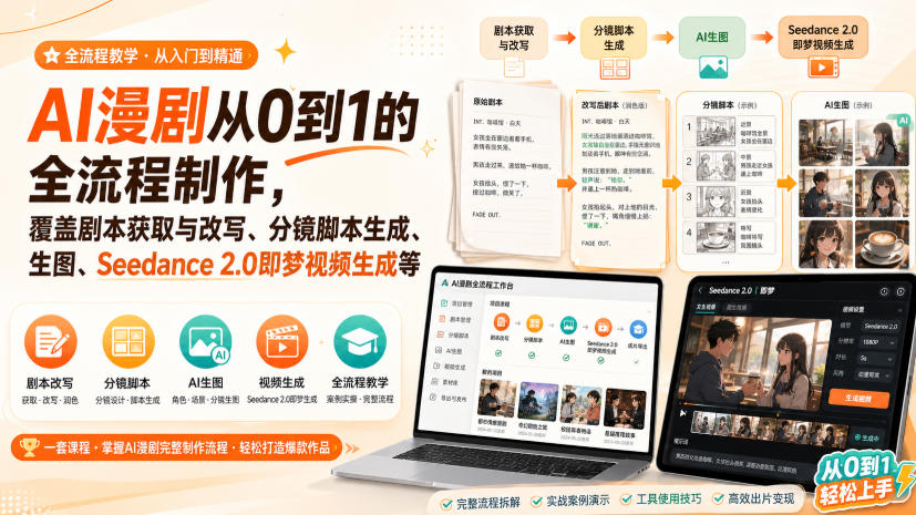 AI漫剧从0到1的全流程制作,覆盖剧本获取与改写、分镜脚本生成、角色场景生图与三视图、Seedance 2.0即梦视频生成(PDF版)-皮皮网创