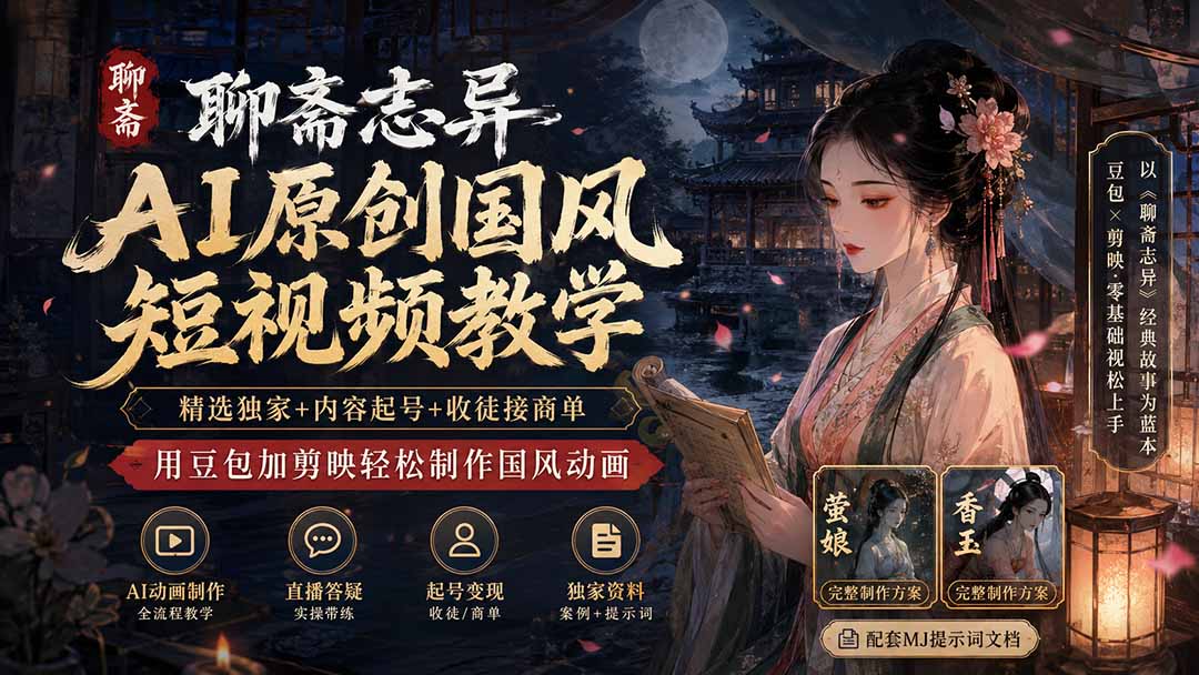 聊斋志异AI原创国风短视频教学-更新;精选独家+内容起号+收徒接商单,用豆包加剪映轻松制作国风动画-皮皮网创