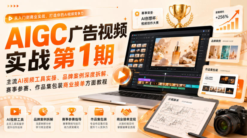 AIGC广告视频实战第1期,主流AI视频工具实操、品牌案例深度拆解、赛事参赛、作品集包装商业接单方面教程-皮皮网创