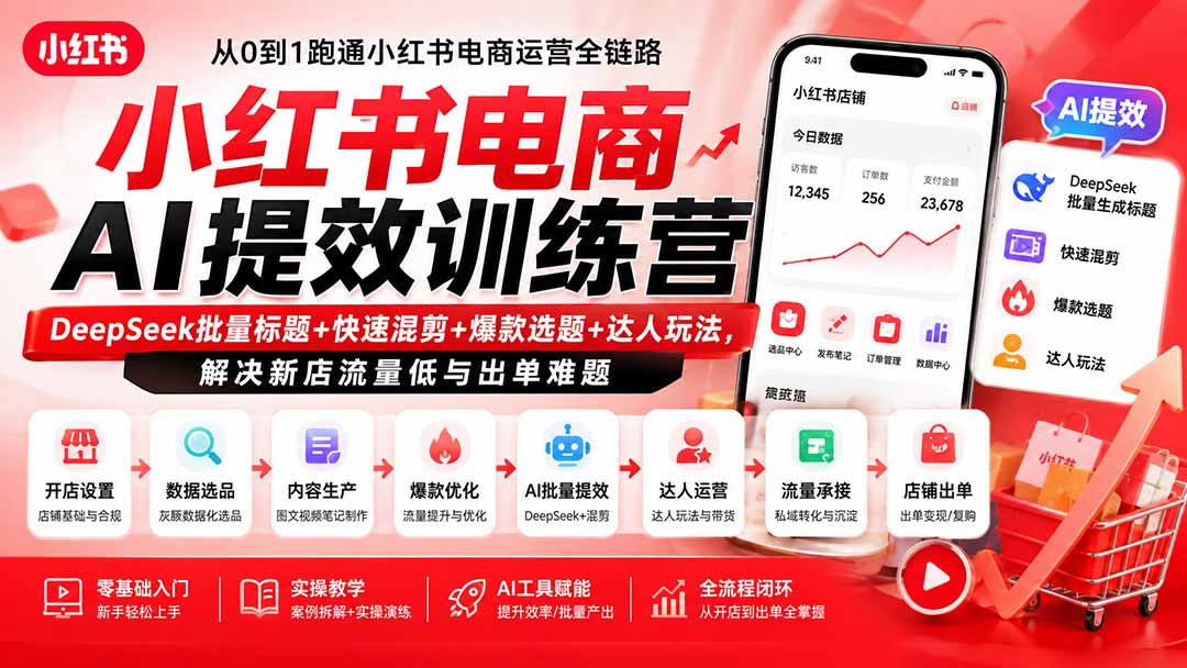 小红书电商AI提效训练营—DeepSeek批量标题+快速混剪+爆款选题+达人玩法,解决新店流量低与出单难题-皮皮网创