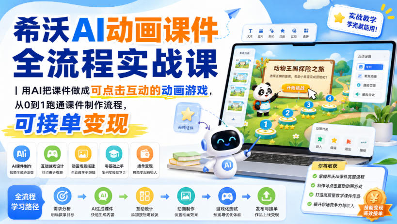 希沃AI动画课件全流程实战课|用AI把课件做成可点击互动的动画游戏,从0到1跑通课件制作流程,可接单变现-皮皮网创