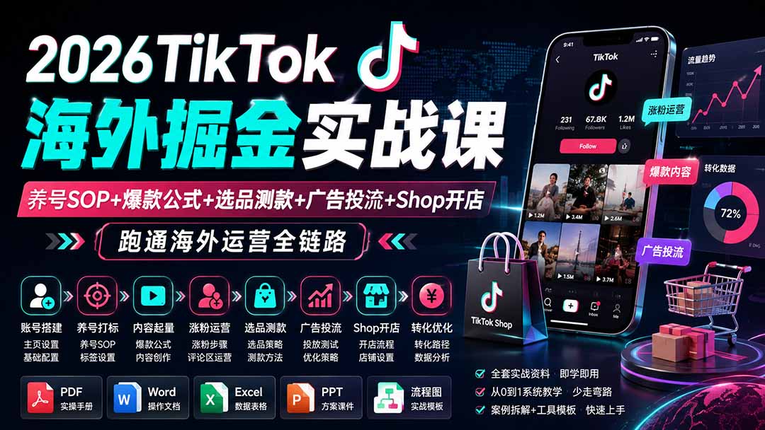 2026TikTok海外掘金实战课——养号SOP+爆款公式+选品测款+广告投流+Shop开店,跑通海外运营全链路-皮皮网创
