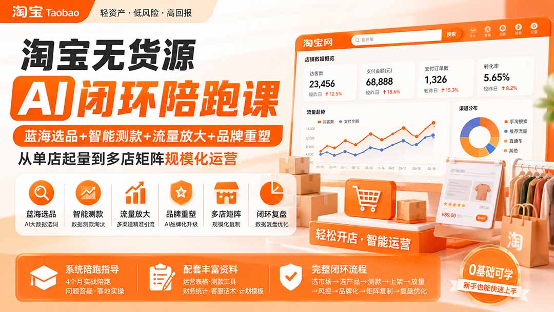 淘宝无货源AI闭环陪跑课:蓝海选品+智能测款+流量放大+品牌重塑,从单店起量到多店矩阵规模化运营-皮皮网创