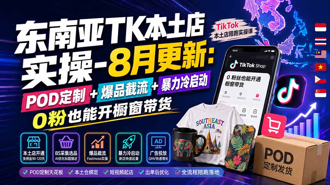 东南亚TK本土店实操-8月更新:POD定制+爆品截流+暴力冷启动,0粉也能开橱窗带货-皮皮网创