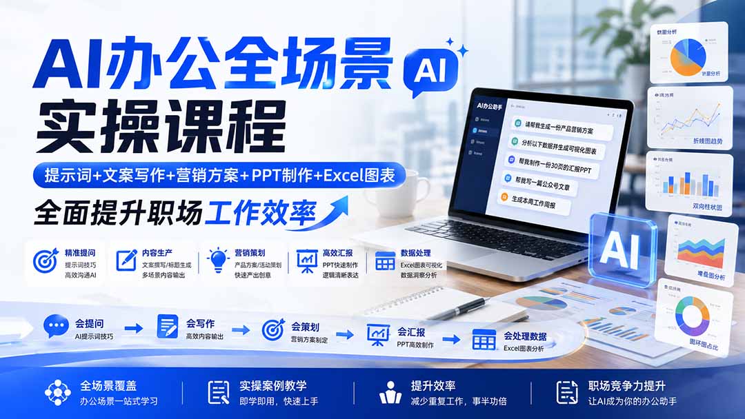 AI办公全场景实操课程:提示词+文案写作+营销方案+PPT制作+Excel图表,全面提升职场工作效率-皮皮网创