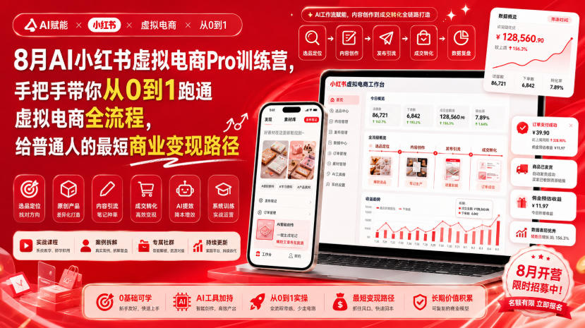 8月AI小红书虚拟电商Pro训练营，手把手带你从0到1跑通虚拟电商全流程，给普通人的最短商业变现路径-皮皮网创